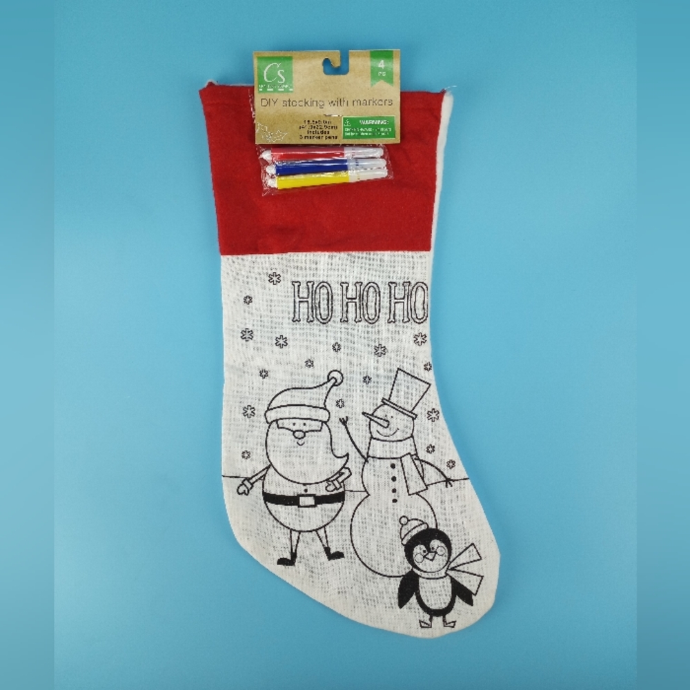 Crafter's Square DIY Ho Ho Ho Christmas Stocking Santa Snowman + Markers Red NEW
